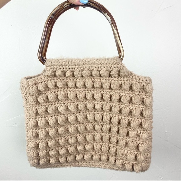 Handbags - Vintage | Brown Knit Handbag with Tortoise Handles and Floral Interior